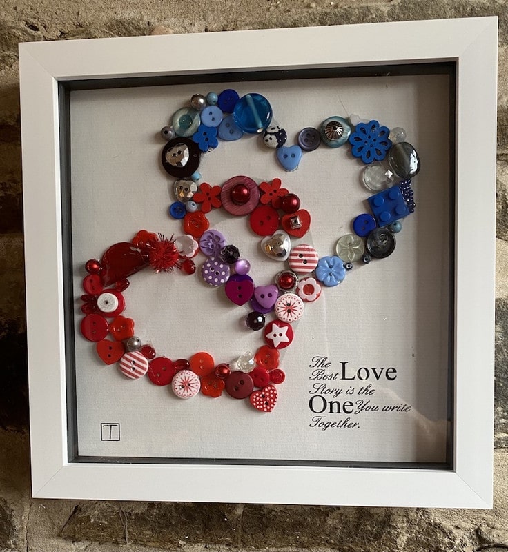 Red & Blue Entwined Button Heart Picture In White Frame With Quote- The Best  LOVE Story - Tasteful Attractive Things